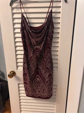 Art Deco Wine Red Cocktail Detailed Patterned Dress